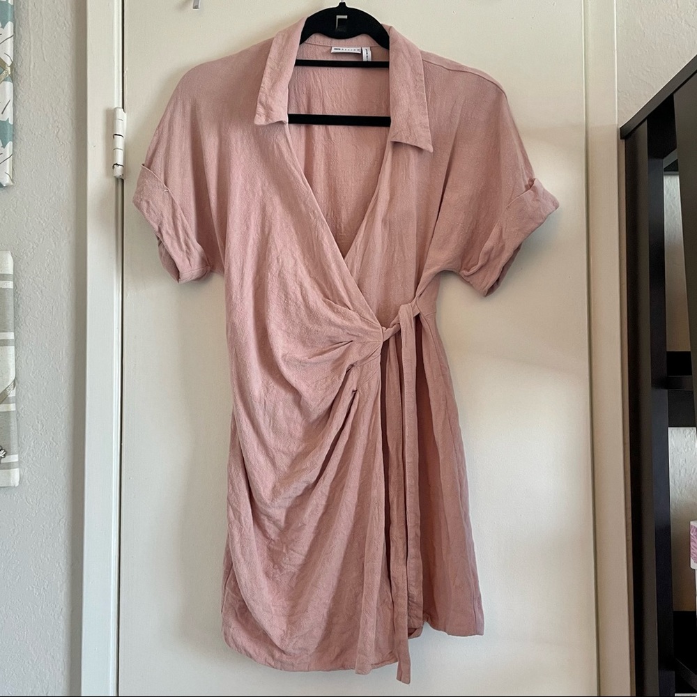 Size 00 ASOS Linen Wrap Dress in Pink